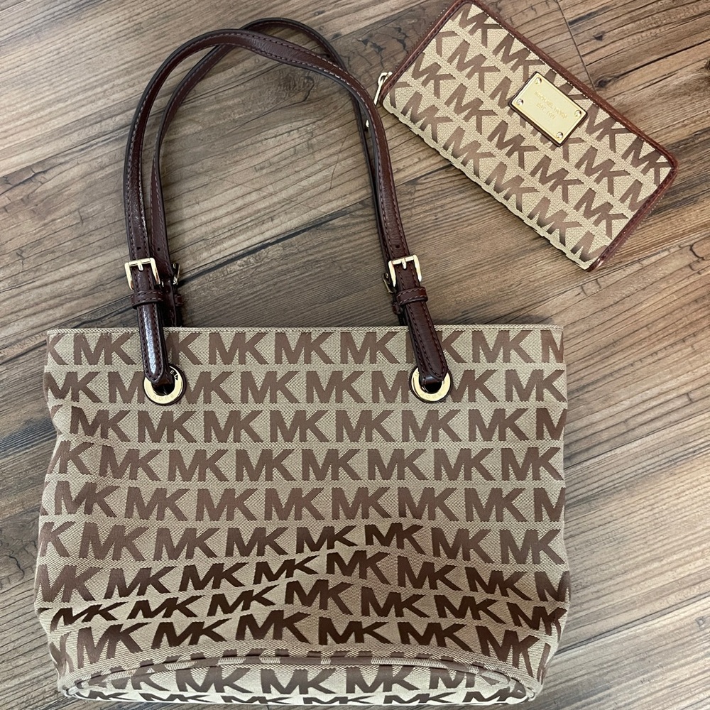 Michael Kors Brown and Tan Signature Tote and Wallet